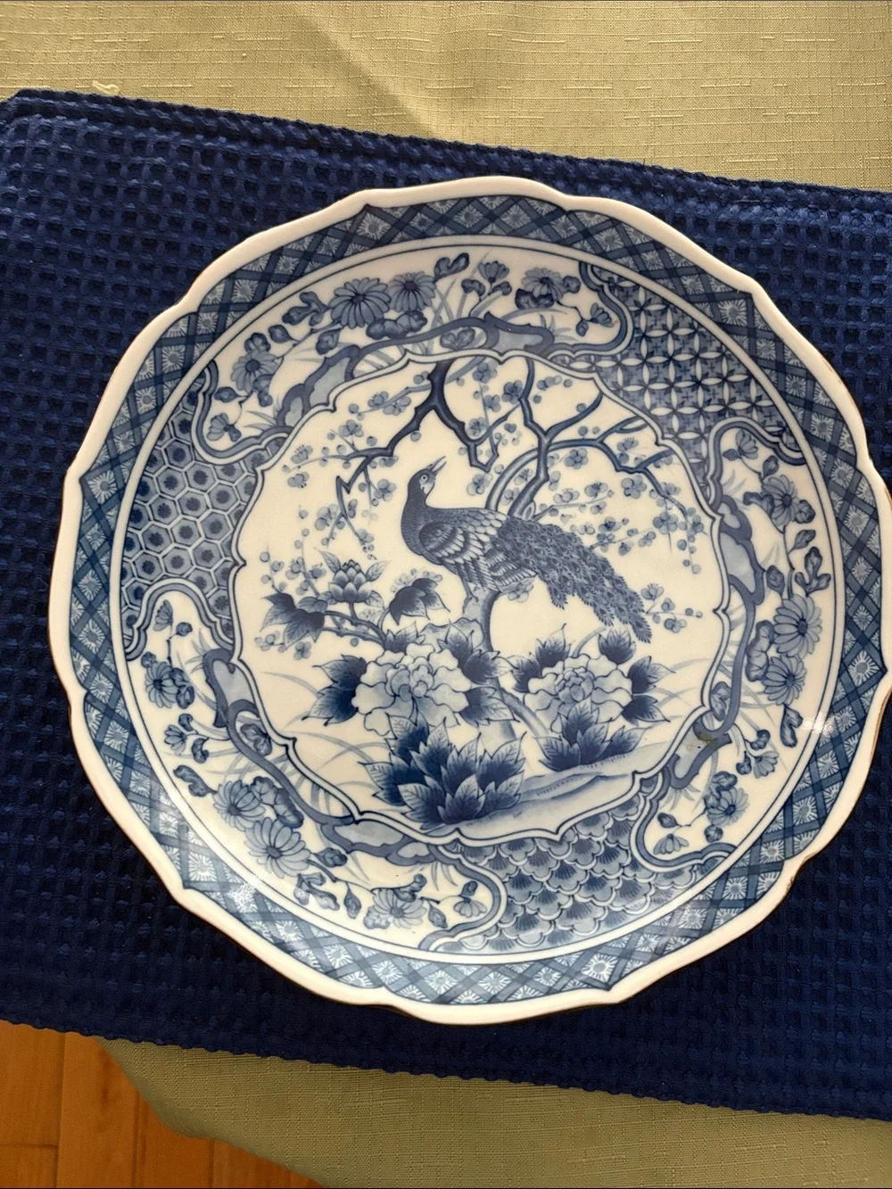 Blue and White Decorative Porcelain Bowl- Classic Floral & Peacock Design